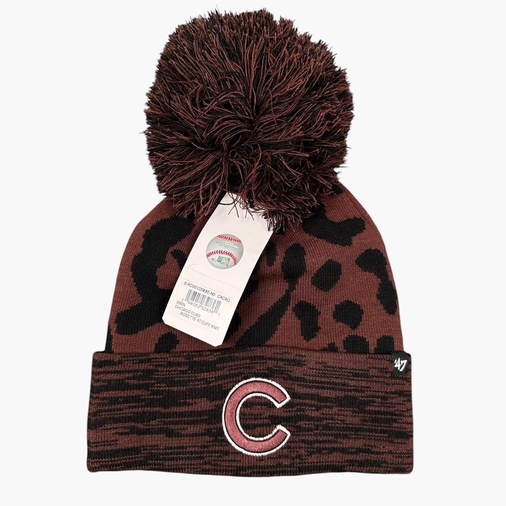 '47 Chicago Cubs Beanie Women One Size Cacao Leopard Print Pom Pom Knit Hat